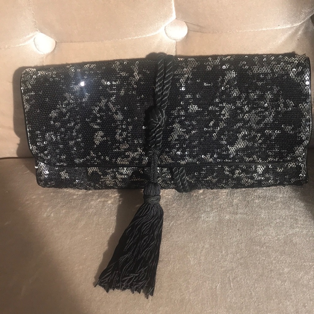 White House Black Market, Glitzy Black Clutch /Satin Tassel HOLIDAY CLUTCH BAG